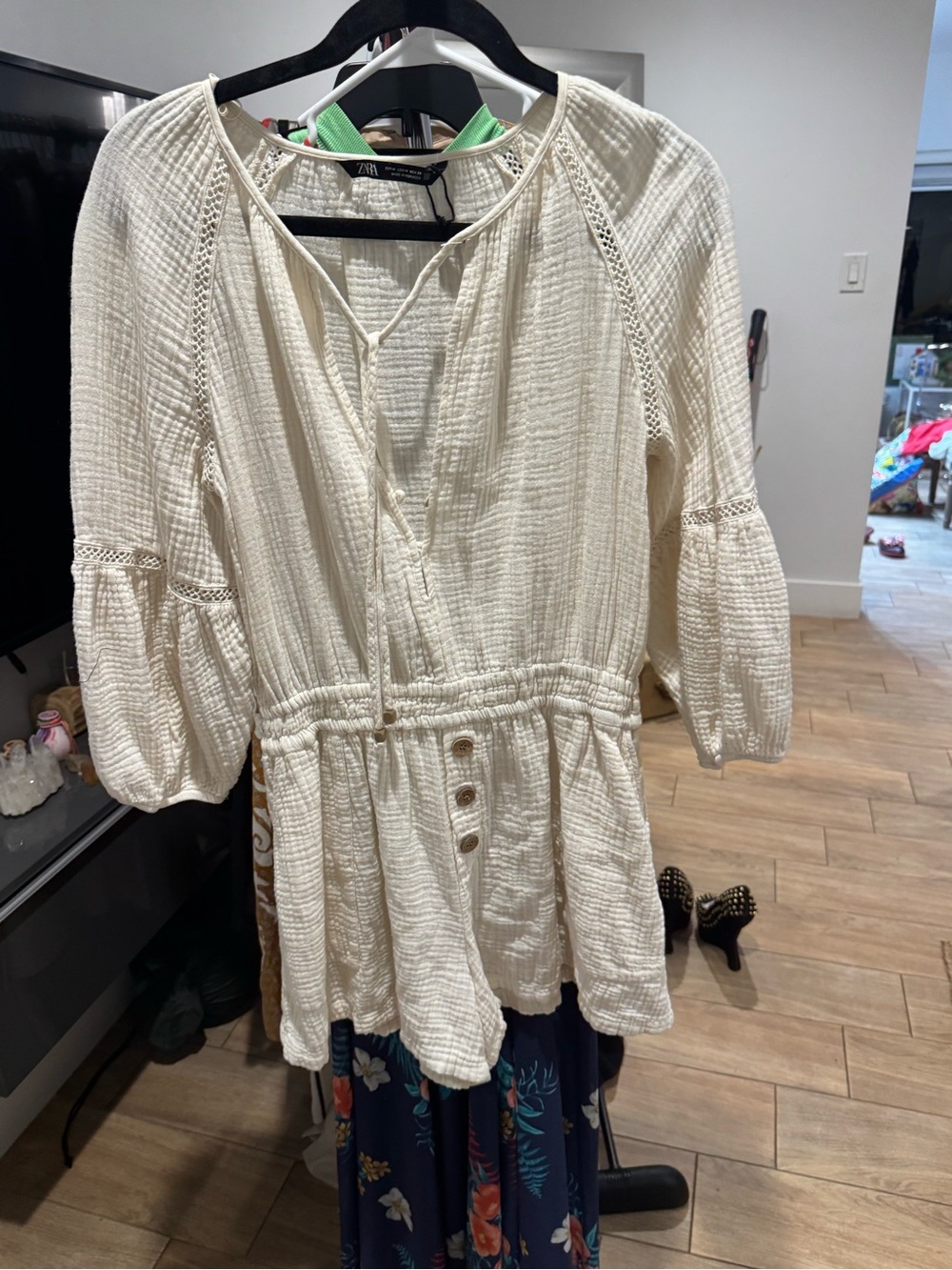 Zara Cream Textured Peasant Tunic with Button Front